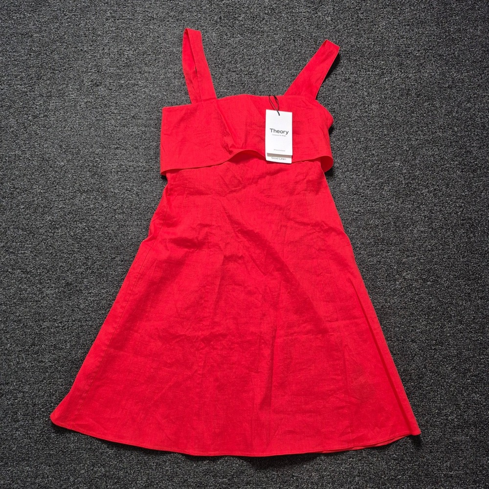 Theory Drape Back Dress Poppy Red Women 0 Eco Crunch Wash Linen Mini Casual NEW